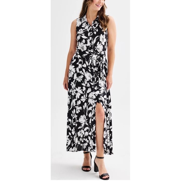 Ellen Tracy Black White Floral‎ Blossom Dress Sleeveless Button Tie Belt Size S - Picture 1 of 12